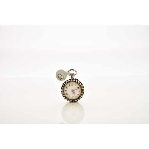 375 - Two lady's enamel and jewelled fob watches The first an open face white metal fob watch, jewelled br... 