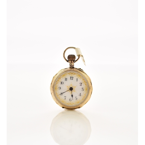 376 - A lady's enamelled 14ct gold open face fob watch Date: Circa 1910 Movement: Jewelled bridge plate, s... 