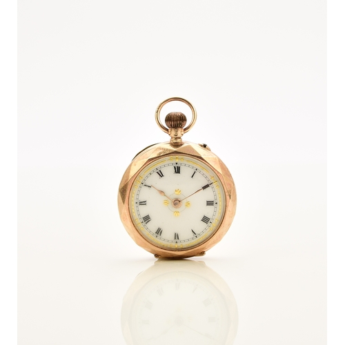 377 - A lady's 9ct enamelled gold open face fob watch Date: Circa 1900 Movement: Jewelled 3/4 plate, stem ... 