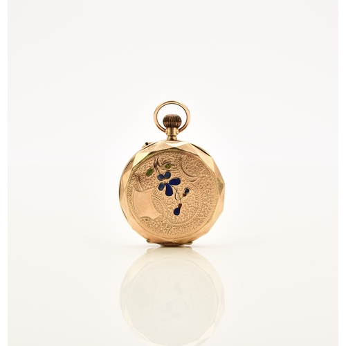 377 - A lady's 9ct enamelled gold open face fob watch Date: Circa 1900 Movement: Jewelled 3/4 plate, stem ... 