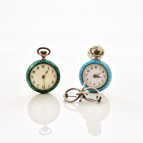 378 - Two lady's enamelled white metal open face fob watches Both with bridge plate jewelled movements, st... 