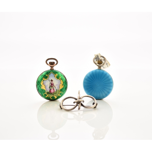 378 - Two lady's enamelled white metal open face fob watches Both with bridge plate jewelled movements, st... 