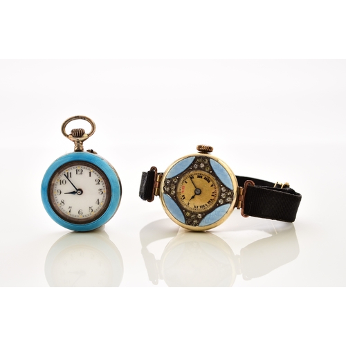 379 - A lady's enamelled open face fob watch, bridge plate jewelled movement, white enamel dial with Arabi... 