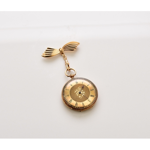 381 - A lady's 18ct gold open face pocket watch Date: Circa 1900 Movement: Bridge plate, signed Stauffer, ... 