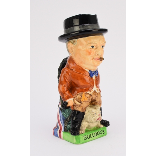 125 - A Burleigh Ware character jug of Winston Churchill in a maroon jacket standing over a bulldog, on sq... 