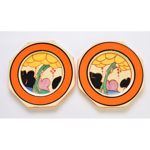 127 - A pair of Clarice Cliff for Newport Pottery Fantasque Bizarre small octagonal side plates, 'Summerho... 