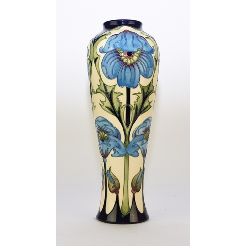 212 - A tall Moorcroft vase in the 'Singing the Blues' pattern, designed by Rachel Bishop, dated 2012, sig... 