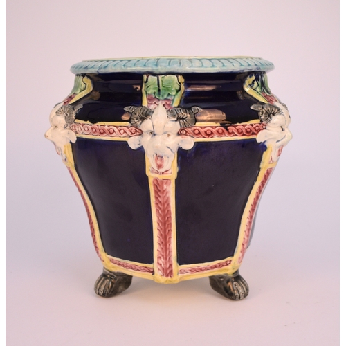 264 - A Continental majolica jardiniere, late 19th/20th century, modelled as a bowl supported by paw three... 