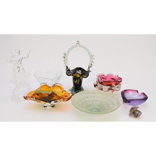 282 - A collection of assorted art glass, including a spatter glass Murano style posy basket, 28.5cm high;... 