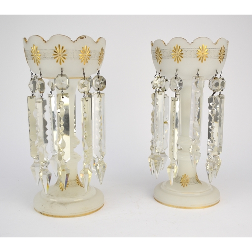 313 - A pair of Victorian opaline glass table lustres, the white bowl with gilt floral and Greek key decor... 