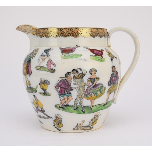 48 - An Elsmore and Forster cock-fighting harlequin jug, circa 1860, transfer-printed in underglaze with ... 