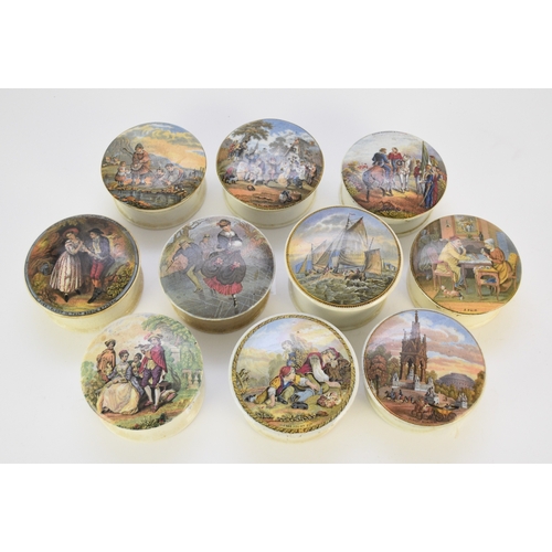 68 - A collection of 25 prattware pot lids with bases, 19th century, comprising 'A Race (or Derby Day)'; ... 