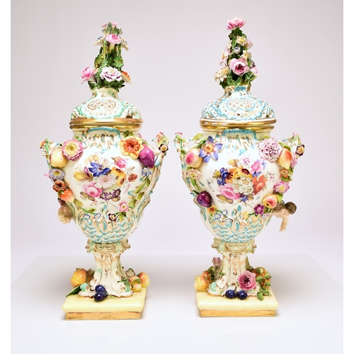80 - A pair of rare Coalport 'Coalbrookdale' floral encrusted potpourri vases and covers, circa 1825-30 t... 
