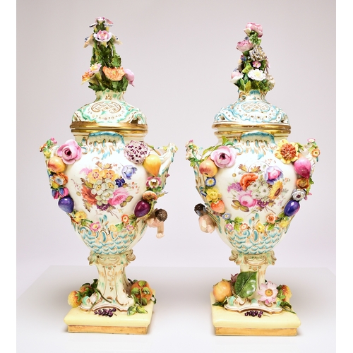 80 - A pair of rare Coalport 'Coalbrookdale' floral encrusted potpourri vases and covers, circa 1825-30 t... 