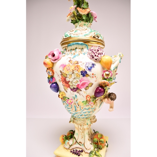 80 - A pair of rare Coalport 'Coalbrookdale' floral encrusted potpourri vases and covers, circa 1825-30 t... 