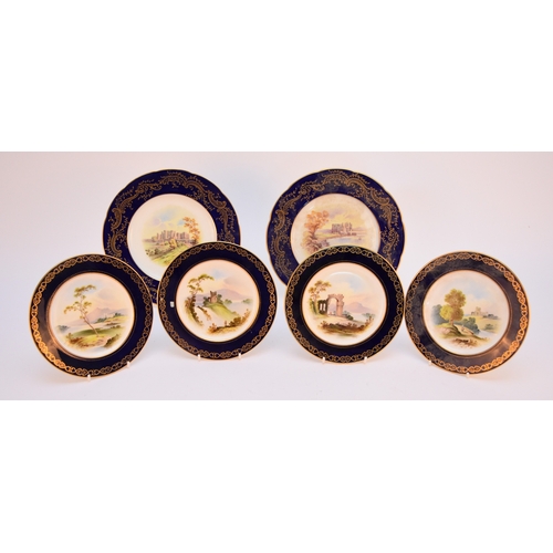 85 - A set of eight Coalport side plates, circa 1898-1908 each individually painted with ruined landscape... 