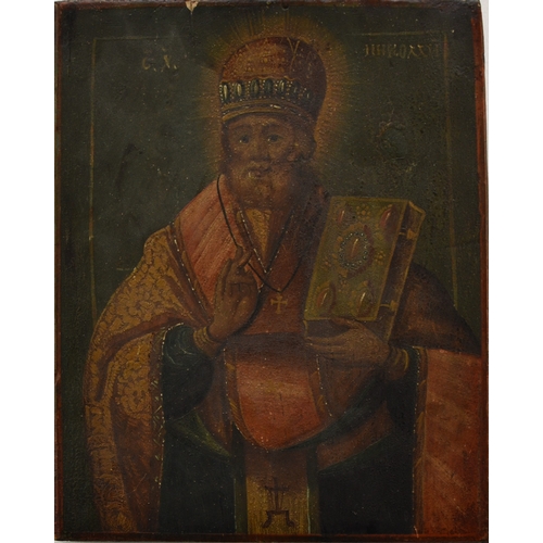 330 - 19th Century Orthodox Icon possibly St Nicholas blessing the gospel, oil on panel, with handwritten ... 