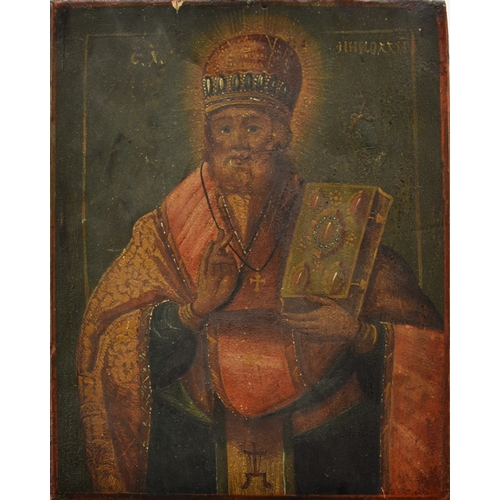 330 - 19th Century Orthodox Icon possibly St Nicholas blessing the gospel, oil on panel, with handwritten ... 