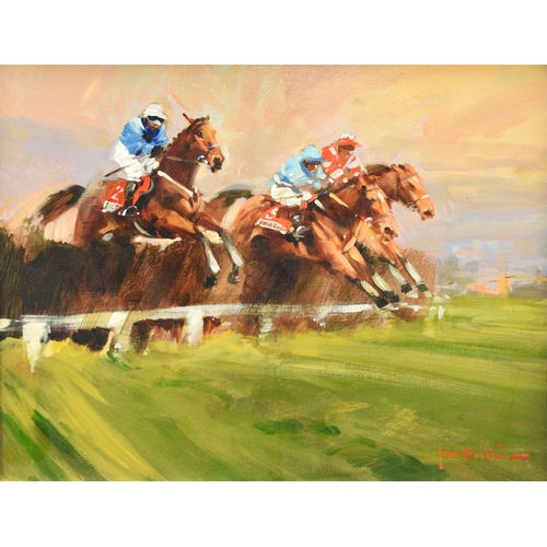 334 - John Haskins (British b.1938) Steeplechase, Three Abreast over a Fence, signed lower right, oil on b... 