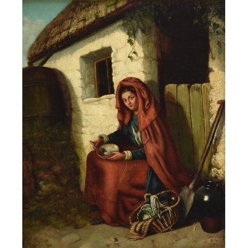 337 - J.R. Edgar (19th Century) Galway Cottage, lady eating a bowl of porridge against a cottage wall, wea... 