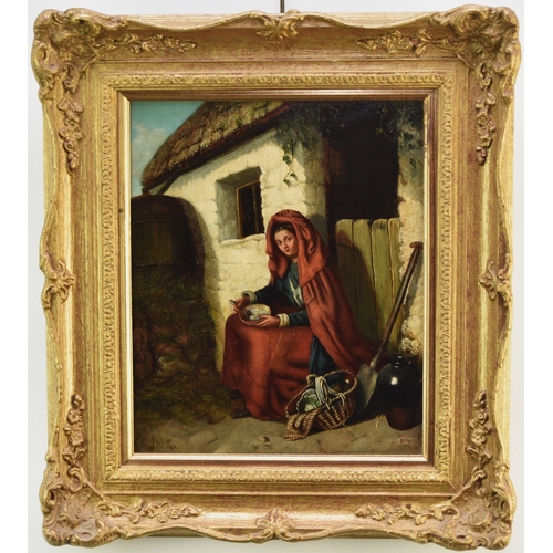 337 - J.R. Edgar (19th Century) Galway Cottage, lady eating a bowl of porridge against a cottage wall, wea... 