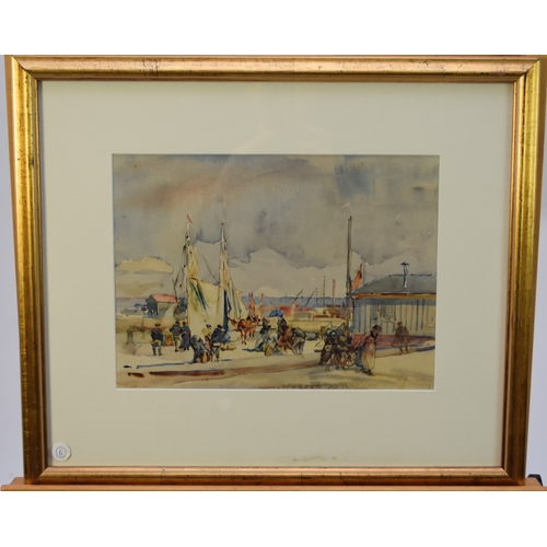 374 - Ernest Borough Johnson (1866-1949) Unloading Honfleur, signed lower right, watercolour, 23.5 x 32.5 ... 