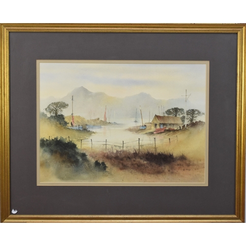 383 - Les Harris (20th Century) Boats Moored at a lakeside on a misty morning, signed lower right, waterco... 