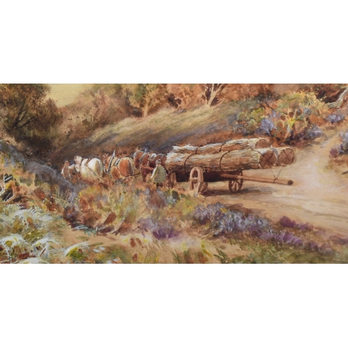 390 - Henry John Kinnaird (1861-1929) Horse and Cart teams logging in a wooded setting in an extensive lan... 