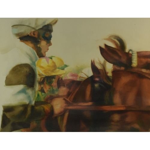 422 - Alan Brassington (Irish b.1959) Ready for the Off, Racehorses and Jockeys at the start, signed lower... 