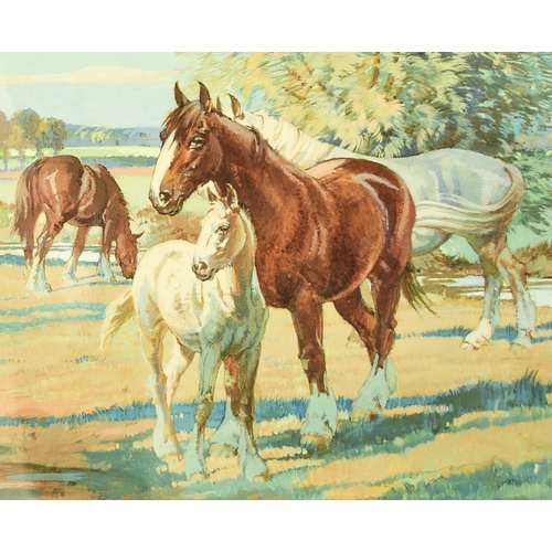 423 - Ernest Herbert Whydale (1886-1952) Shire Horses, Mares and Foals in a Riverside Landscape, signed lo... 