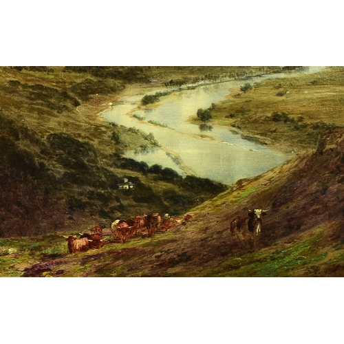 424 - Edward Hargitt (1835-1895) Estuary Landscape with Highland Cattle Grazing on the Hillside, signed an... 