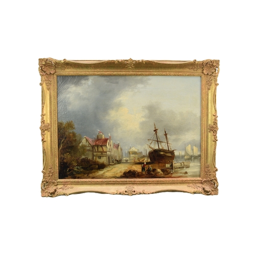 426 - Attributed to Alfred Montague (1832-1883) Fishing Town, oil on canvas, 38 x 51 cm, frame 48 x 62 cm