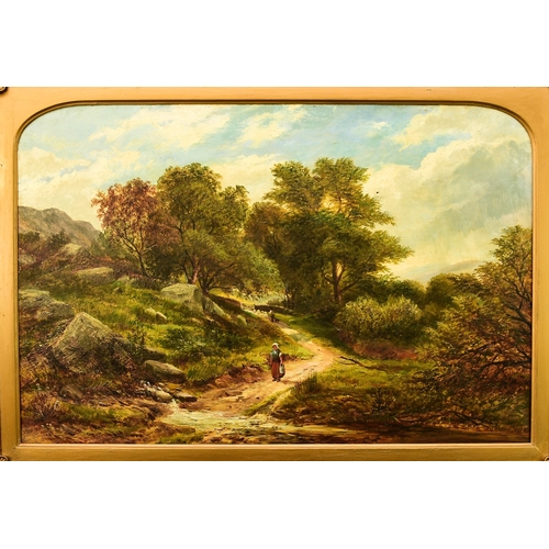 427 - British School (19th Century) Peasant Woman Walking towards a Country Stream, a shepherd and his dog... 