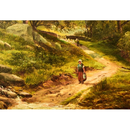 427 - British School (19th Century) Peasant Woman Walking towards a Country Stream, a shepherd and his dog... 