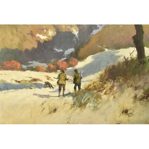 431 - Antal Neogrady (1861-1942) Hunters in a Winter Landscape, signed lower right, oil on canvas, 75 x 10... 
