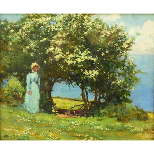 432 - Alexander Wellwood Rattray (1849-1902) Lady in a Blue Dress standing beneath Blossom Trees, signed l... 