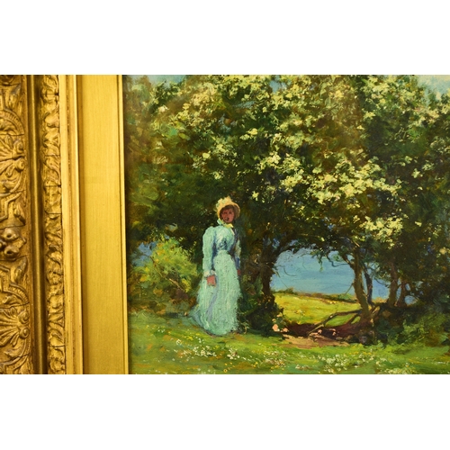 432 - Alexander Wellwood Rattray (1849-1902) Lady in a Blue Dress standing beneath Blossom Trees, signed l... 