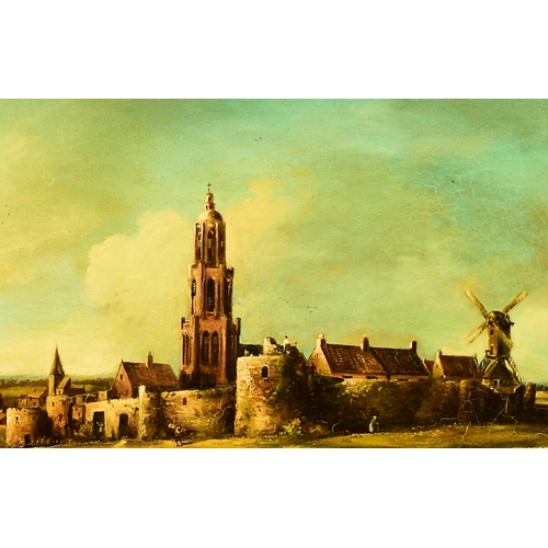 436 - Norman Henry French (1906-1984) (RIMA) Netherlandish walled town with windmill and church tower in a... 