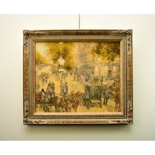 438 - Peter Miller (20th Century) Busy Street Scene with Horse and Carriages, signed lower right, oil on c... 