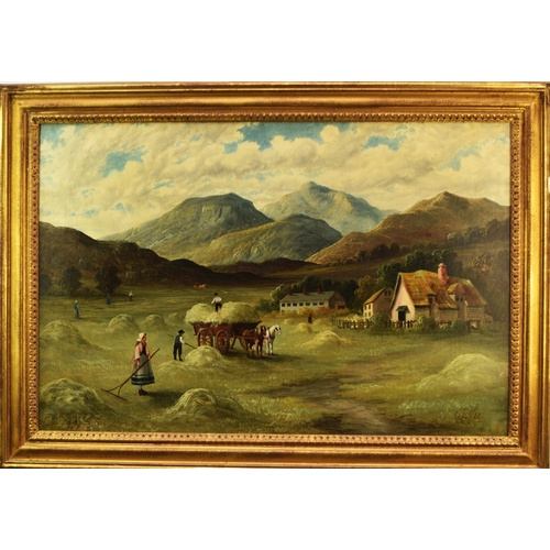 440 - British Naïve School (19th Century) Haymaking landscape with mountains beyond, signed 'C Leslie' low... 