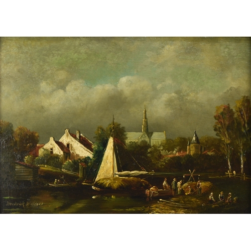 443 - Hendrick Waldorp (20th Century) Figures on the the canal with Dutch town beyond, signed lower right,... 