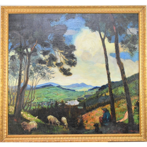 453 - Carl Hachez (German 1880-1958) Shepherd and flock in an extensive landscape, signed and dated '23 lo... 