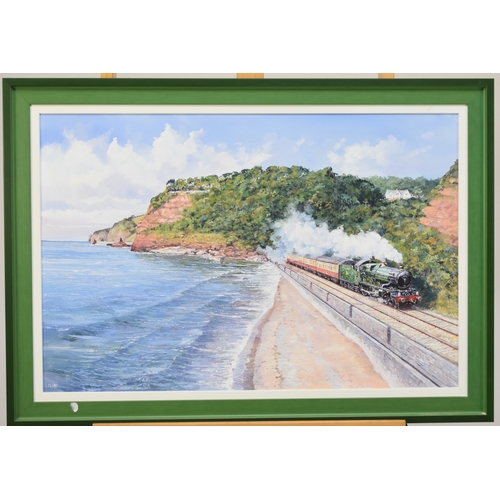 458 - British School (20th Century) Steam Train travelling along a coastal railroad, signed 'M Salt' lower... 