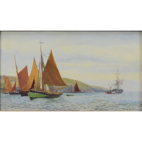 461 - Henry Martin (1835-1908) Newlyn Harbour and Fishing Boats Drying Sails, signed lower right, oil on b... 