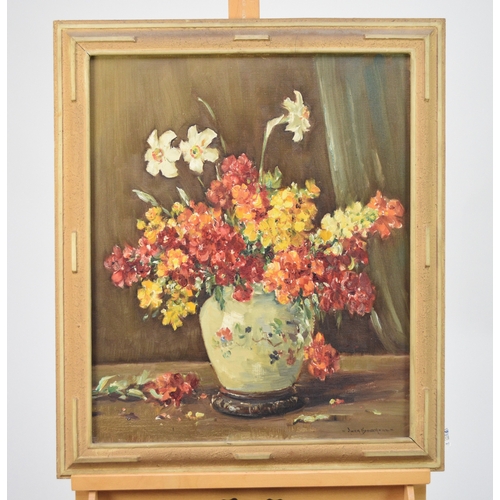 469 - Owen Bowen (1873-1964) Still Life Study of Wall Flowers and Daffodils in a Cream Vase, signed and da... 