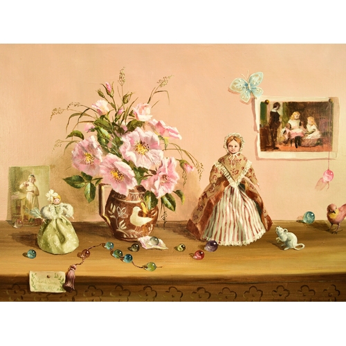 470 - Deborah Jones (1921-2012) Still Life with Dolls and Roses, signed and dated 1975 lower left, oil on ... 