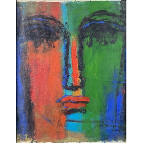 503 - Usama Hasan (Iraqi Contemporary) Figurative Composition in red, blue and green, signed and dated 200... 