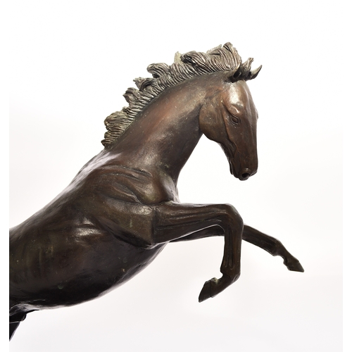 538 - A 20th century bronze figure of a horse The stallion modelled rearing up on its hind legs on a rocky... 