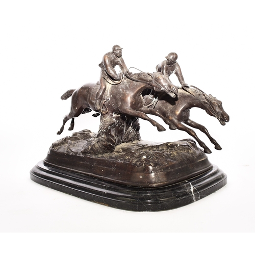 539 - A bronze equestrian group, 20th century Modelled as two steeplechase horses with jockey's in mid jum... 