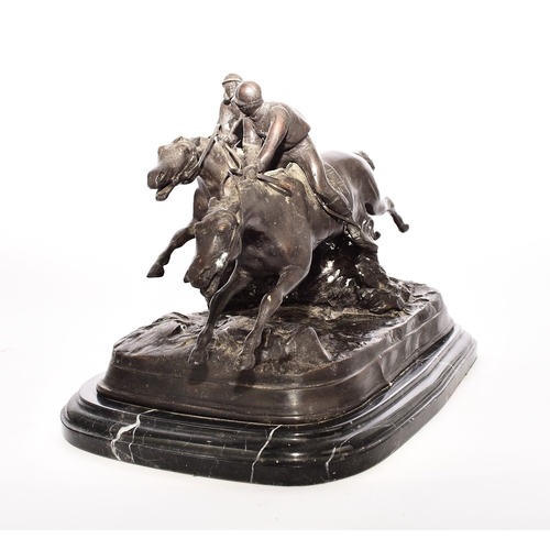 539 - A bronze equestrian group, 20th century Modelled as two steeplechase horses with jockey's in mid jum... 